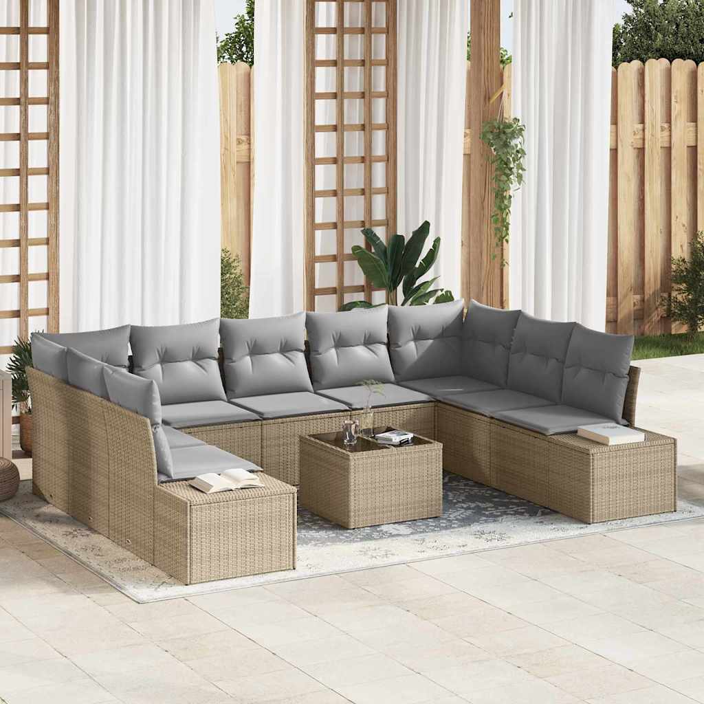 Havesofa Sæt med pude 9 pcs Beige og lys grå Polyrattan
