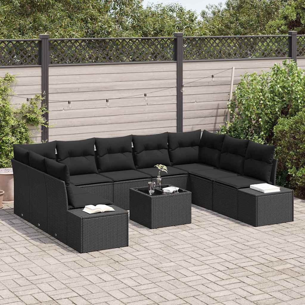 Havesofa Sæt med pude 9 pcs Sort Polyrattan