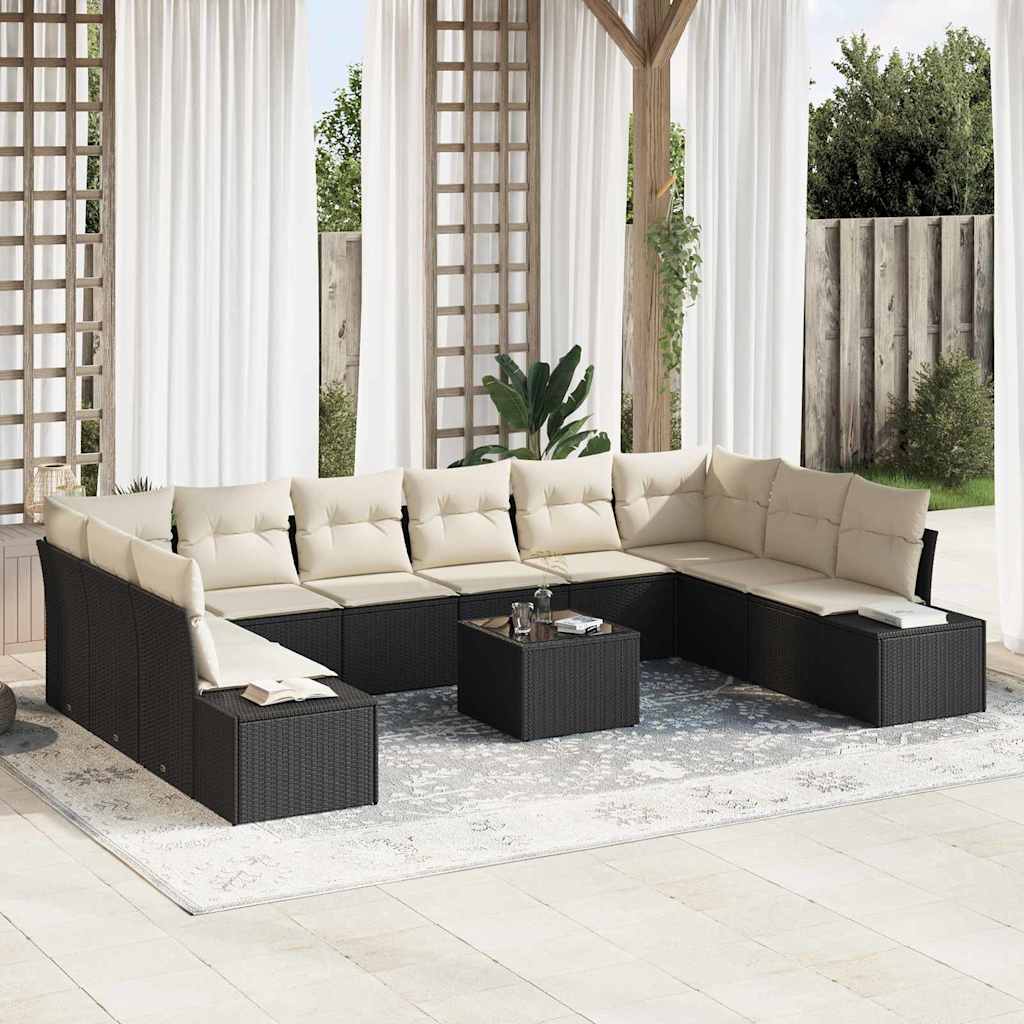 Havesofa Sæt med pude 10 pcs Sort og Cream Polyrattan
