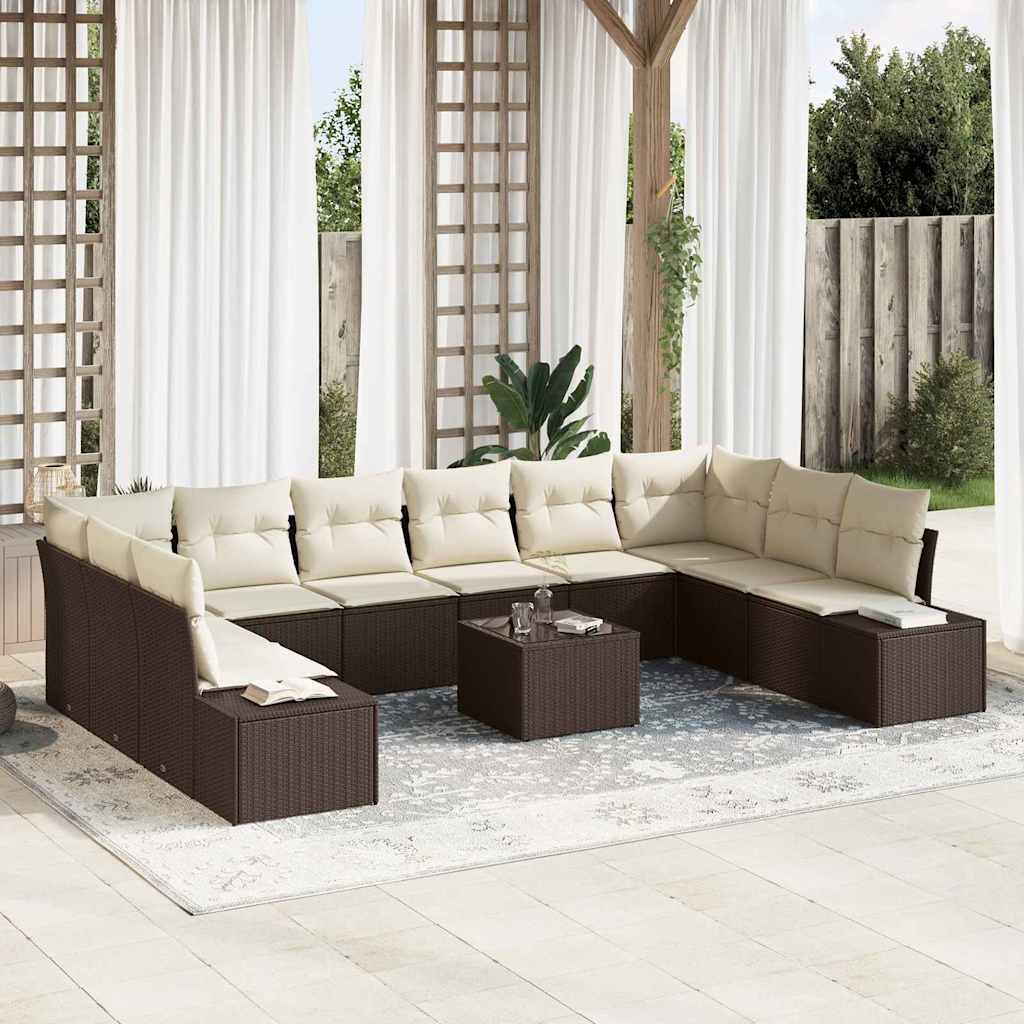 Havesofa Sæt med pude 10 pcs Brun og Creme Polyrattan