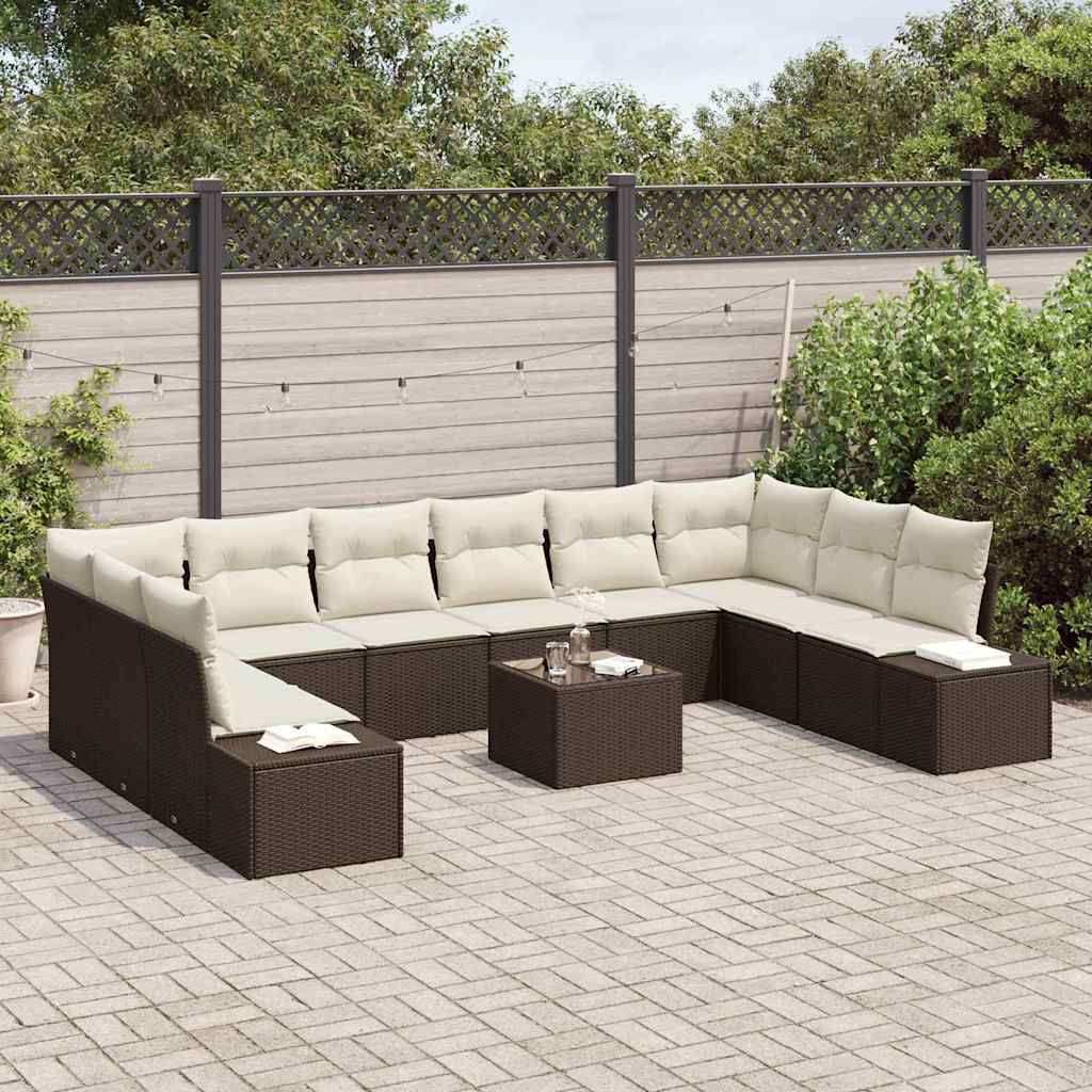 Havesofa Sæt med pude 10 pcs Brun og Creme Polyrattan