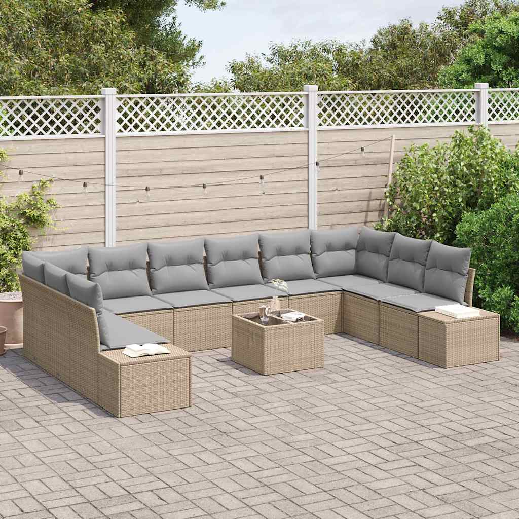 Havesofa Sæt med pude 10 pcs Beige og lys grå Polyrattan