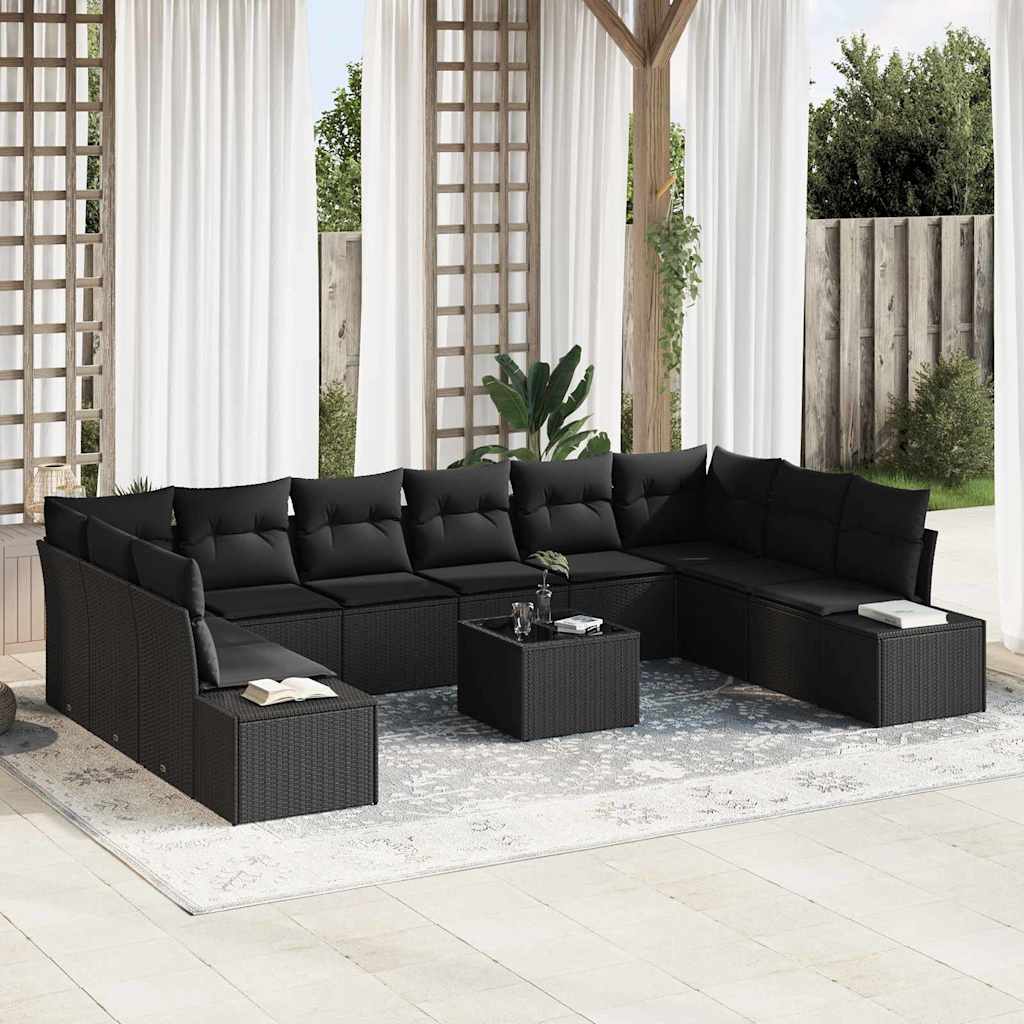 Havesofa Sæt med pude 10 pcs Sort Polyrattan
