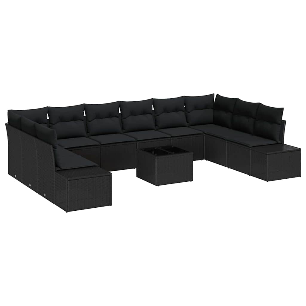 Havesofa Sæt med pude 10 pcs Sort Polyrattan