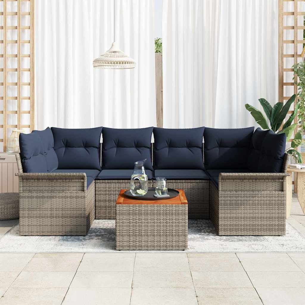 Havesofa Sæt med opbevaring 7 pcs Grå og Marineblå polyrattan