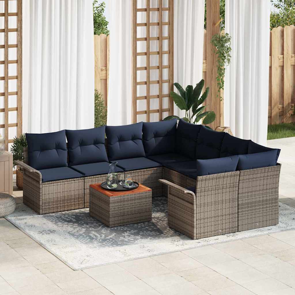 Havesofa Sæt med opbevaring 9 pcs Grå og Marineblå polyrattan