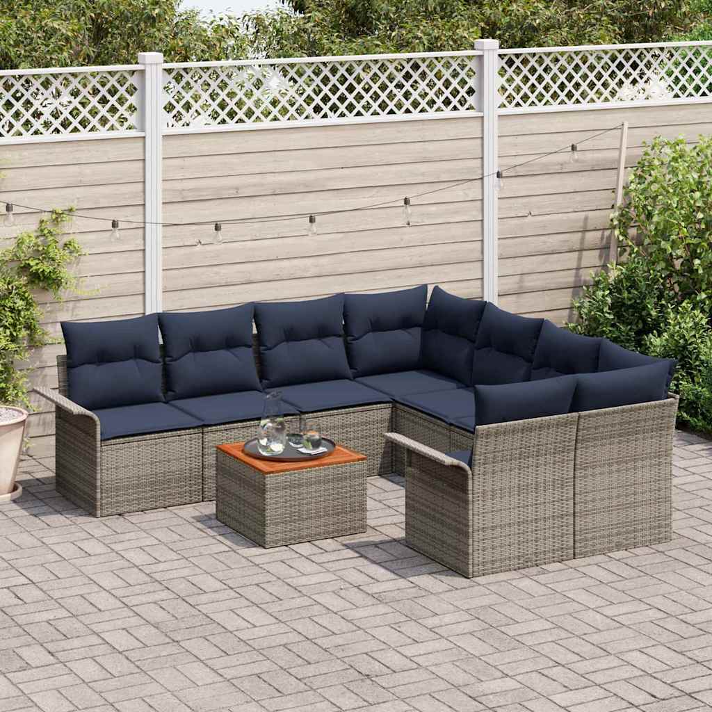 Havesofa Sæt med opbevaring 9 pcs Grå og Marineblå polyrattan