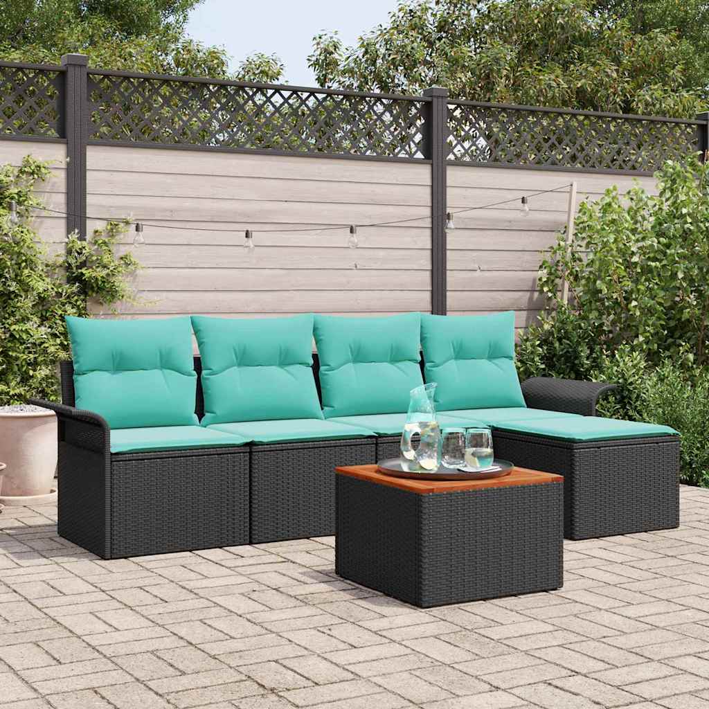 Havesofa Sæt med opbevaring 6 pcs Sort og turkis polyrattan