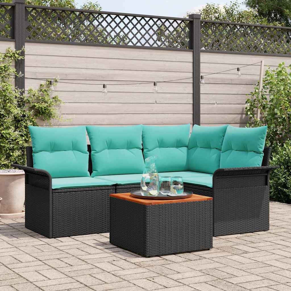 Havesofa Sæt med opbevaring 5 pcs Sort og turkis polyrattan