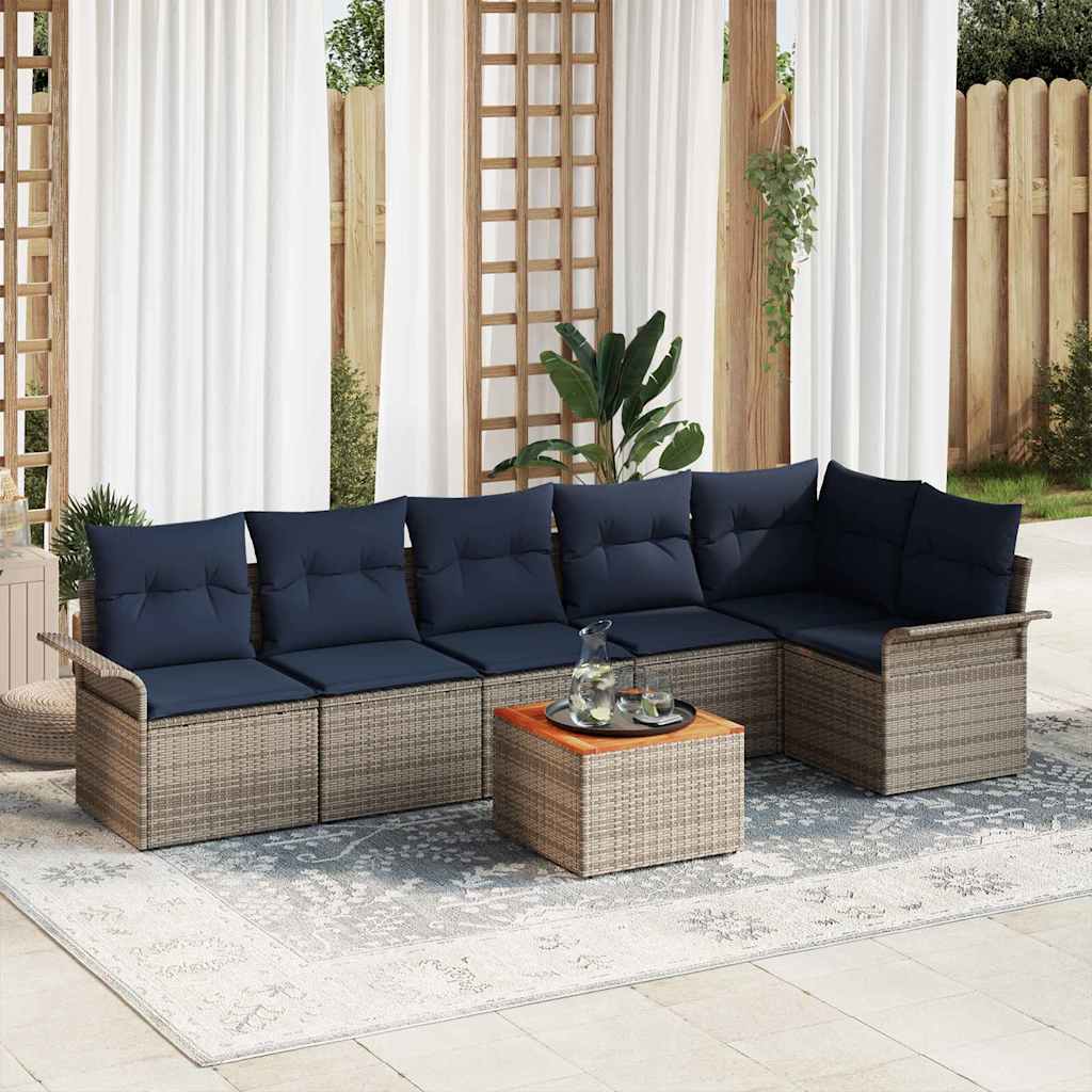 Havesofa Sæt med opbevaring 7 pcs Grå og Marineblå polyrattan