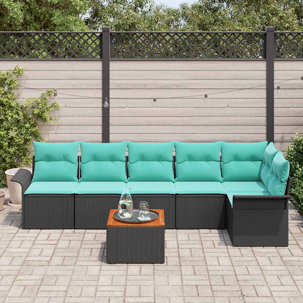 Havesofa Sæt med opbevaring 7 pcs Sort og turkis polyrattan