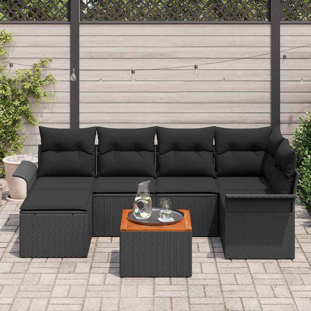 Havesofa Sæt med opbevaring 7 pcs Sort polyrattan