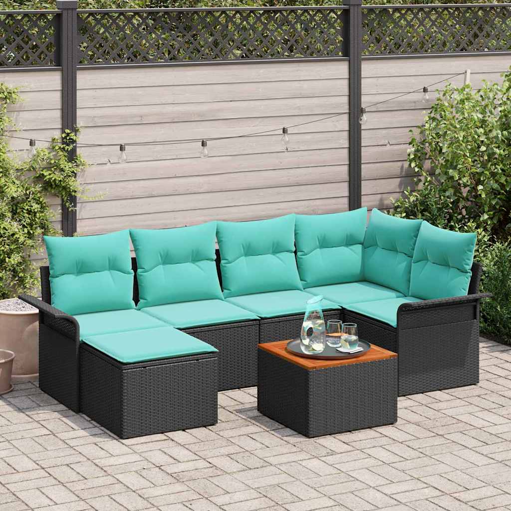 Havesofa Sæt med opbevaring 7 pcs Sort og turkis polyrattan