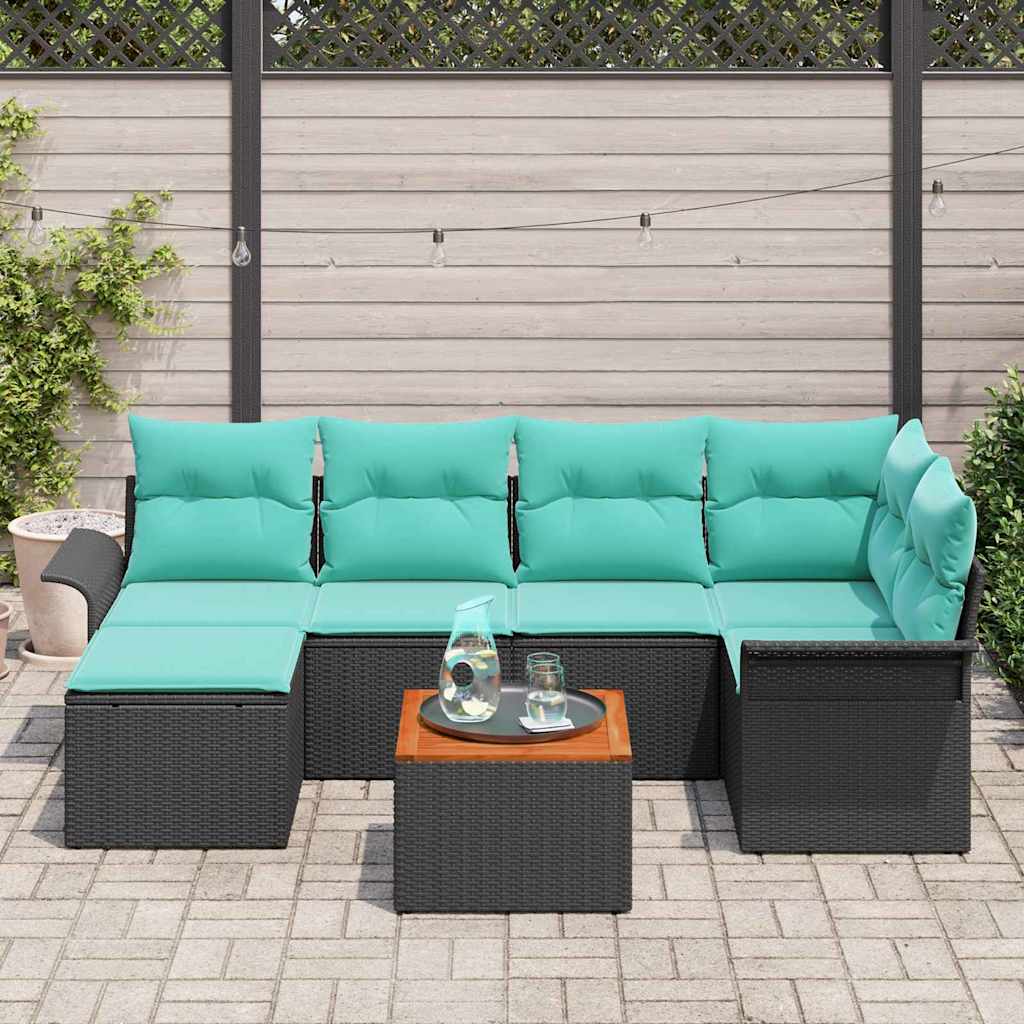 Havesofa Sæt med opbevaring 7 pcs Sort og turkis polyrattan