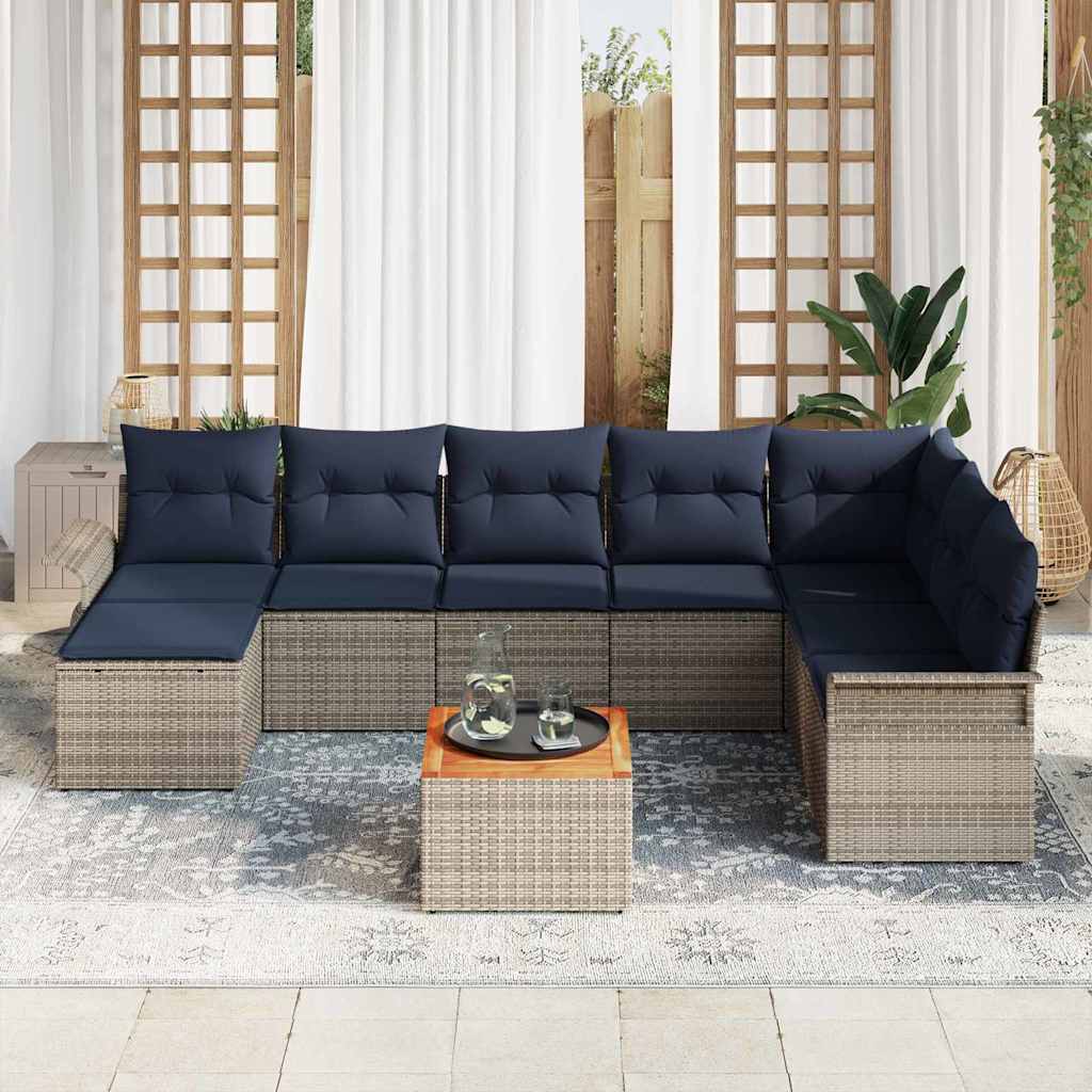 Havesofa Sæt med opbevaring 9 pcs Grå og Marineblå polyrattan
