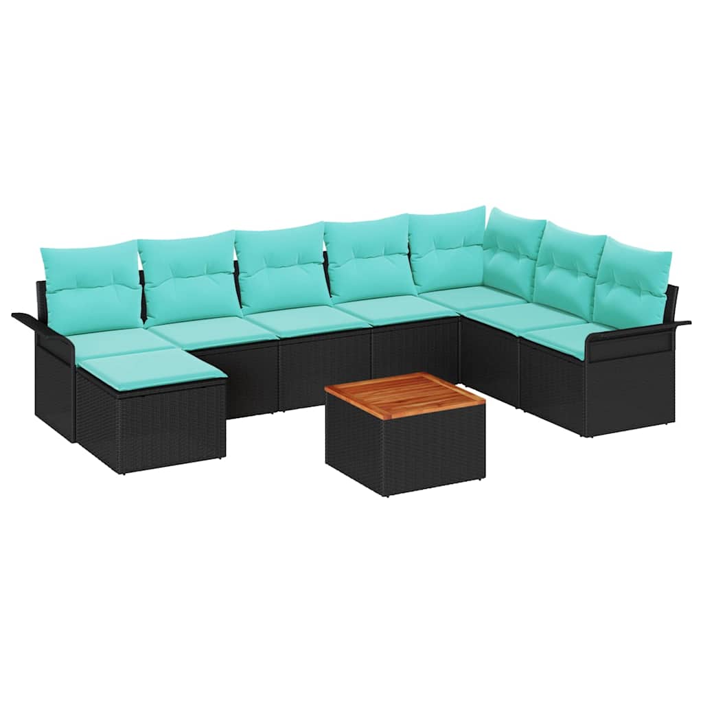 Havesofa Sæt med opbevaring 9 pcs Sort og turkis polyrattan