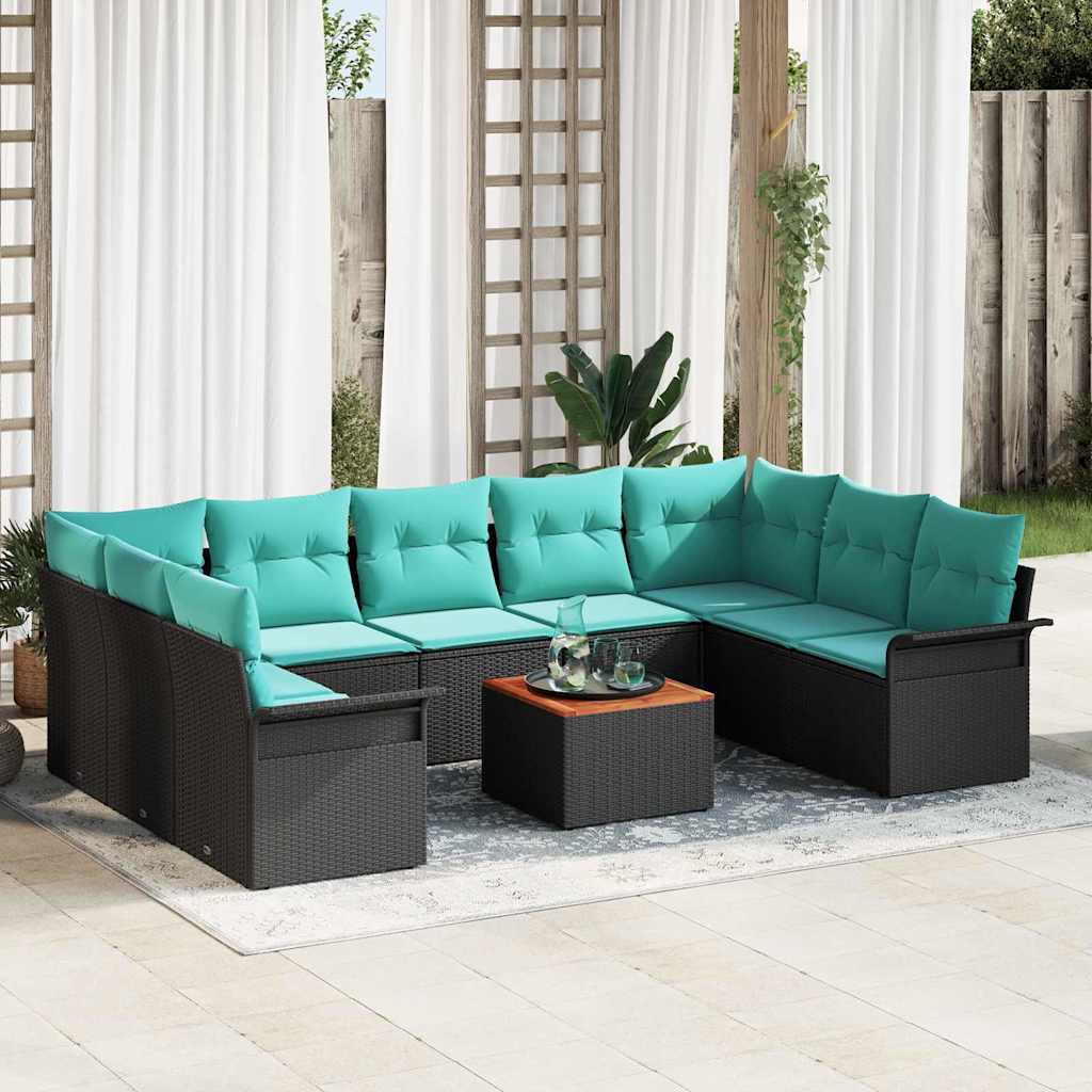 Havesofa Sæt med opbevaring 10 pcs Sort og turkis polyrattan