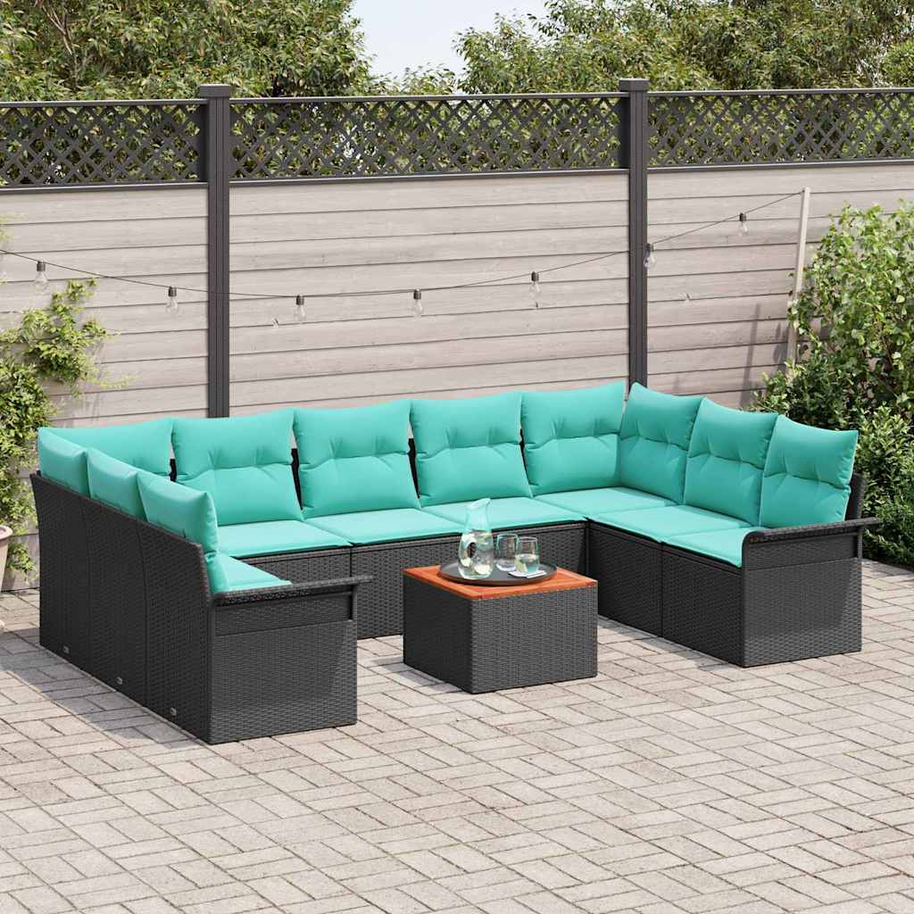 Havesofa Sæt med opbevaring 10 pcs Sort og turkis polyrattan