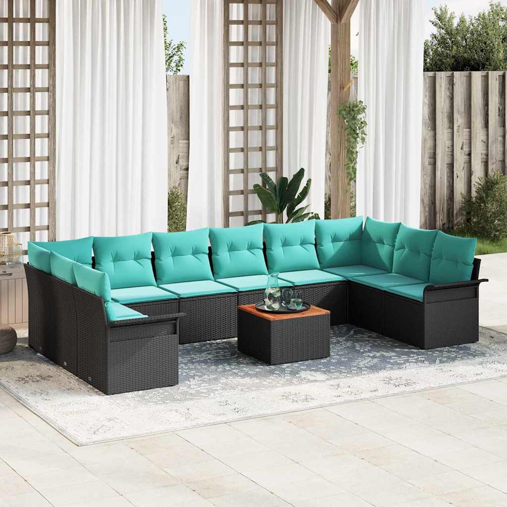 Havesofa Sæt med opbevaring 11 pcs Sort og turkis polyrattan