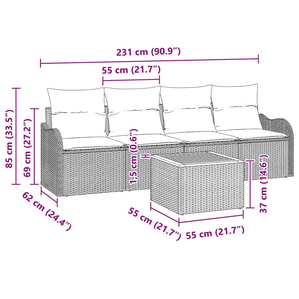 Havesofa Sæt med opbevaring 5 pcs Beige og lys grå polyrattan