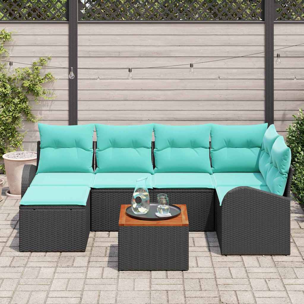 Havesofa Sæt med opbevaring 7 pcs Sort og turkis polyrattan