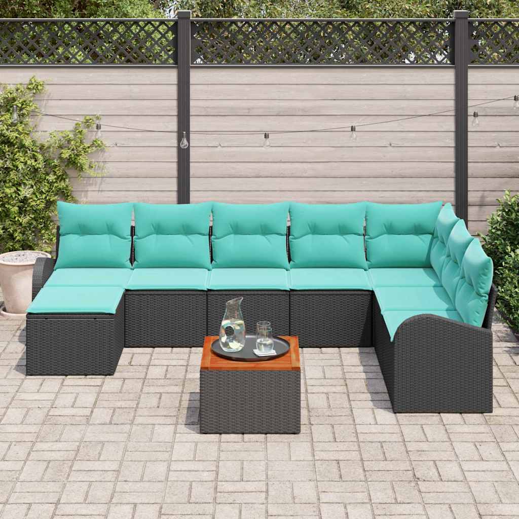 Havesofa Sæt med opbevaring 9 pcs Sort og turkis polyrattan