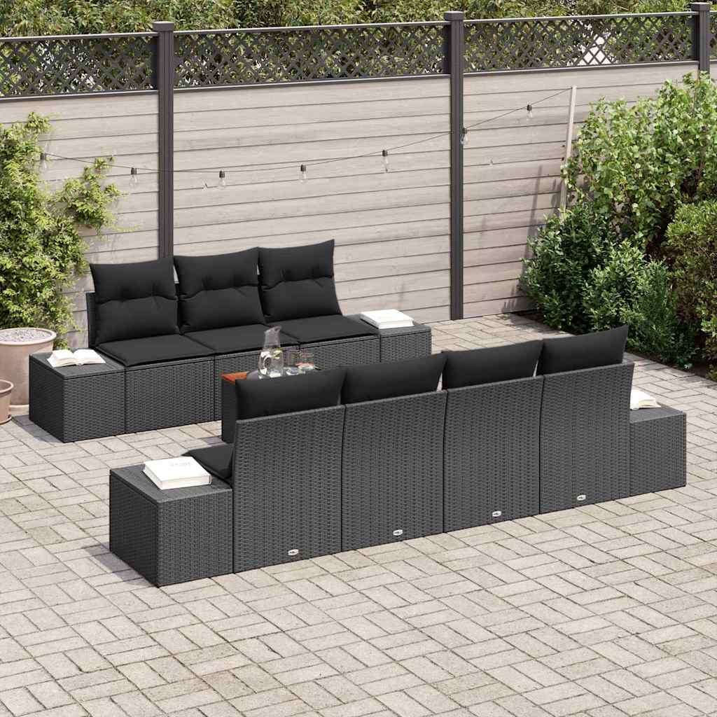 Havesofa Sæt med opbevaring 8 pcs Sort polyrattan