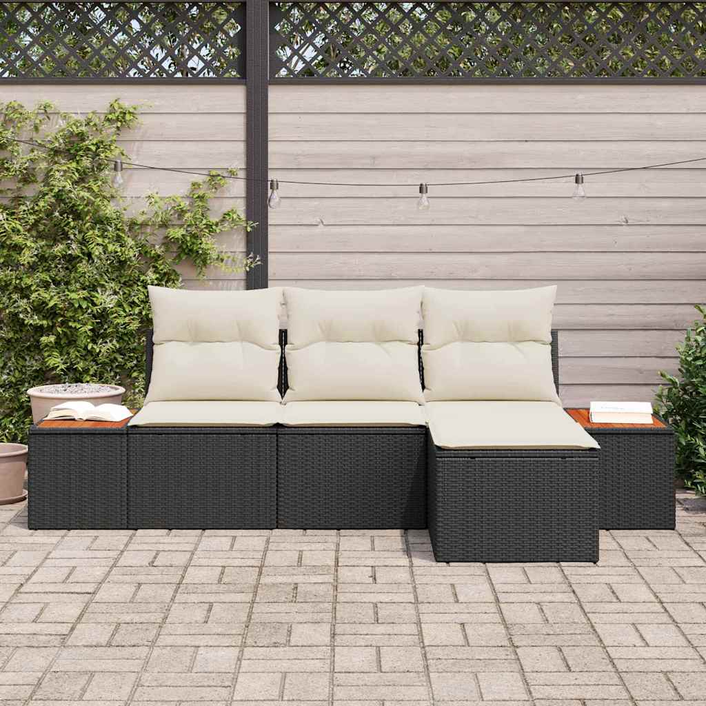 Havesofa Sæt med pude 4 pcs Sort og Cream Poly Rattan