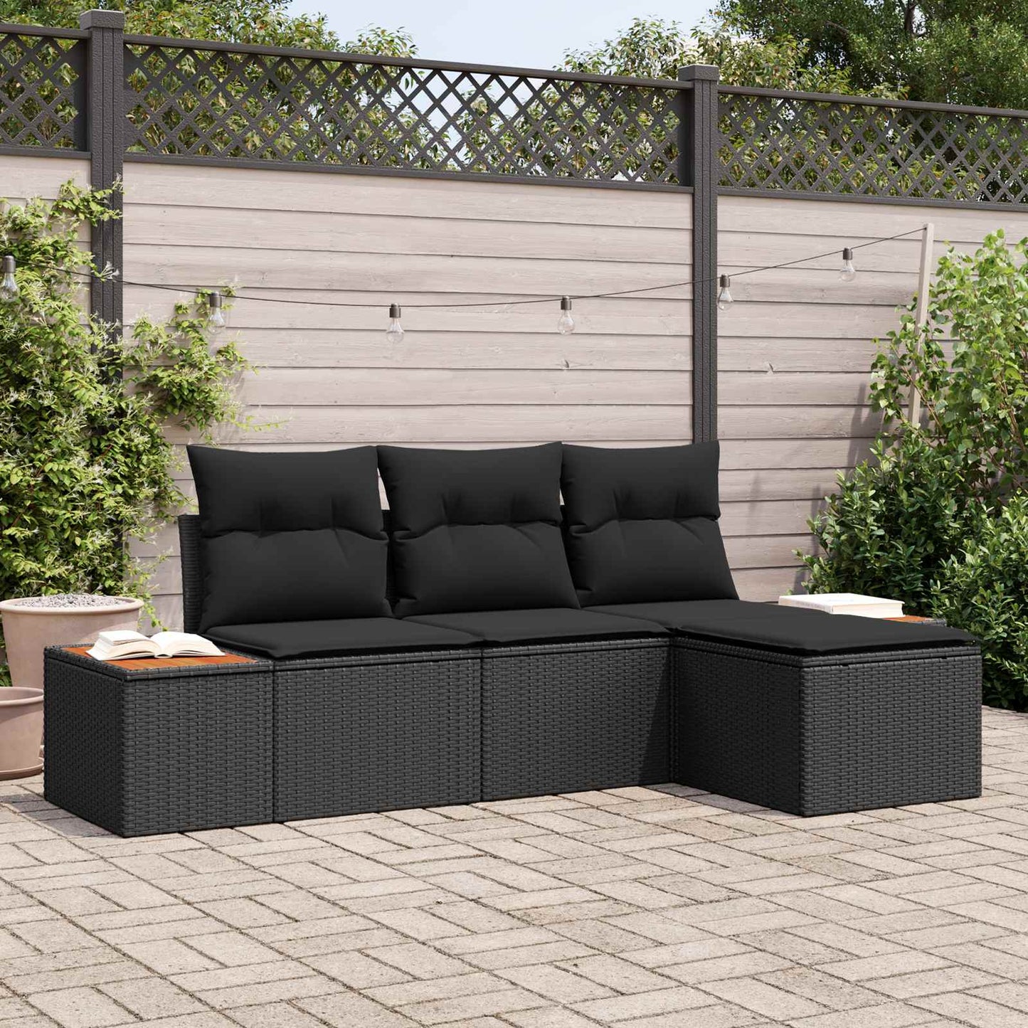 Havesofa Sæt med pude 4 pcs Sort Poly Rattan
