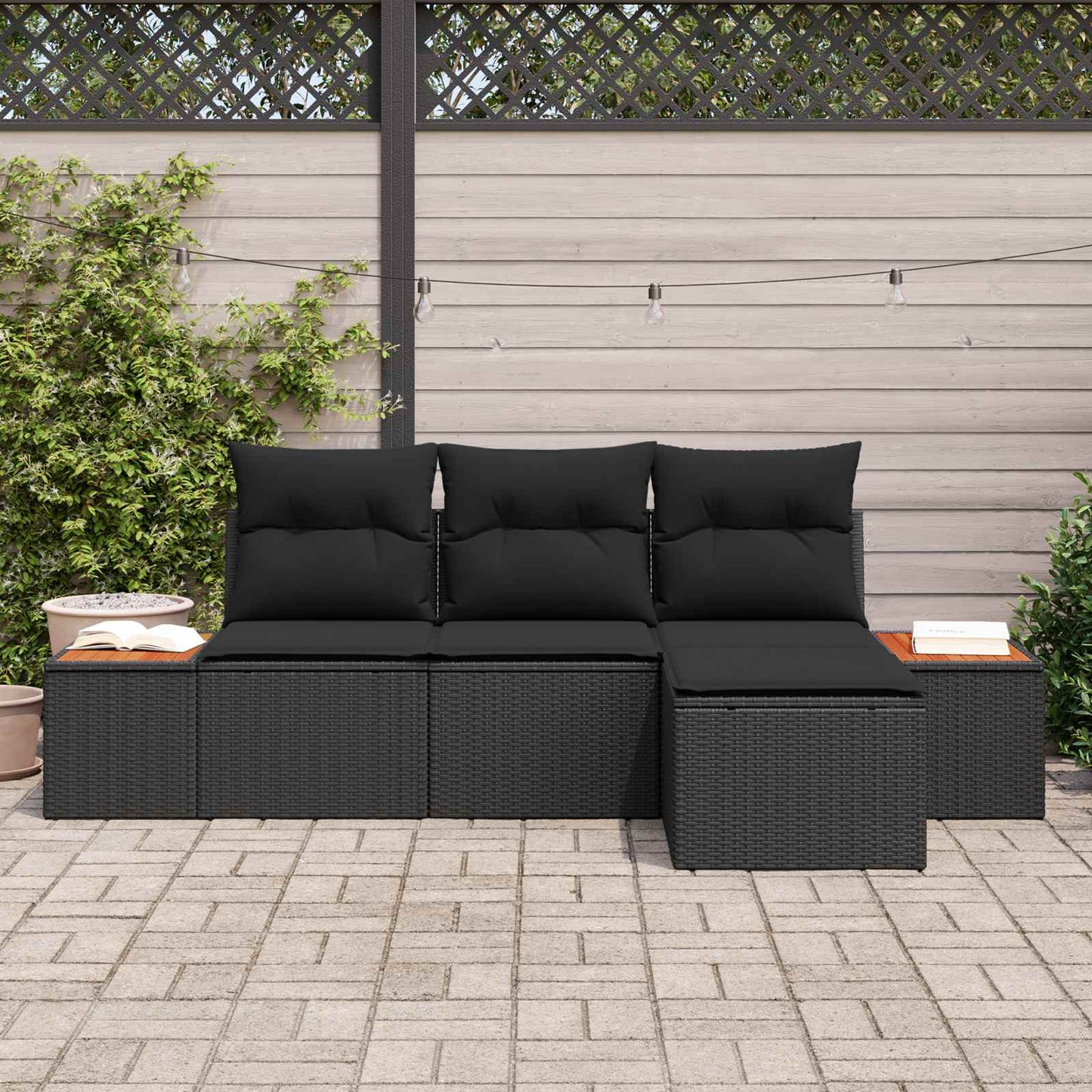 Havesofa Sæt med pude 4 pcs Sort Poly Rattan
