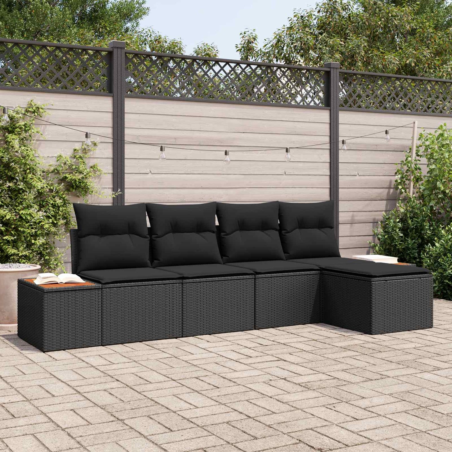 Havesofa Sæt med pude med opbevaring 6 pcs Sort Polyrattan