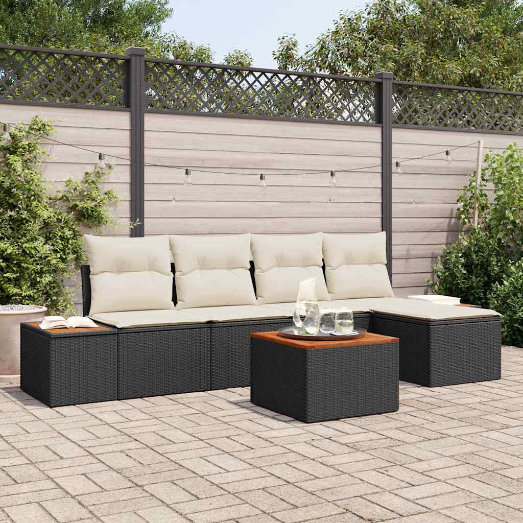 Havesofa Sæt med pude 6 pcs Sort og Cream Polyrattan