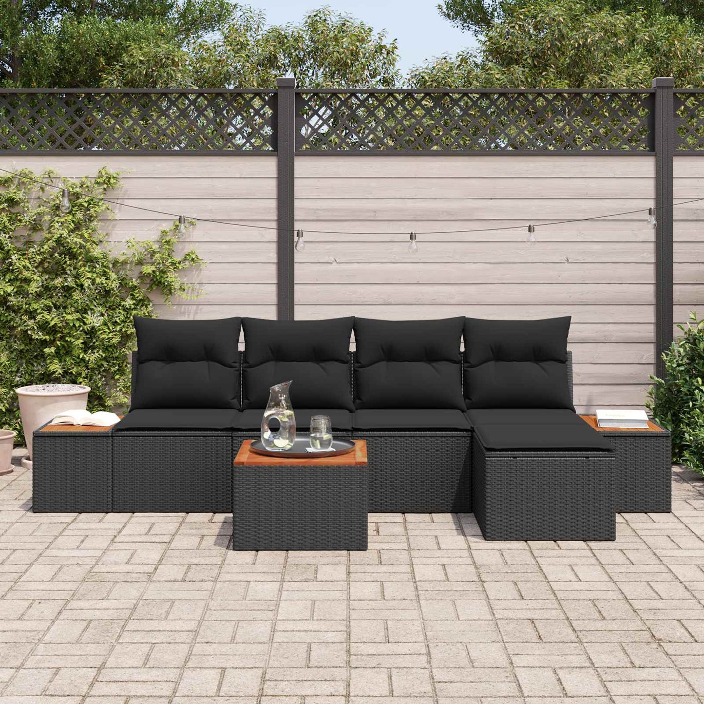 Havesofa Sæt med pude med opbevaring 6 pcs Sort Polyrattan