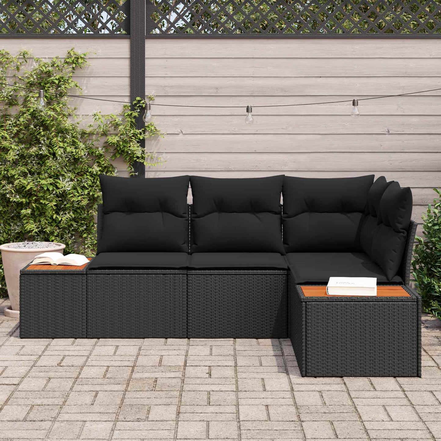Havesofa Sæt med pude med opbevaring 4 pcs Sort Polyrattan