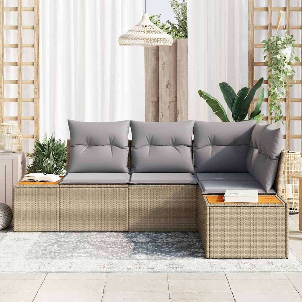 Havesofa Sæt med pude 4 pcs Beige og lys grå Polyrattan