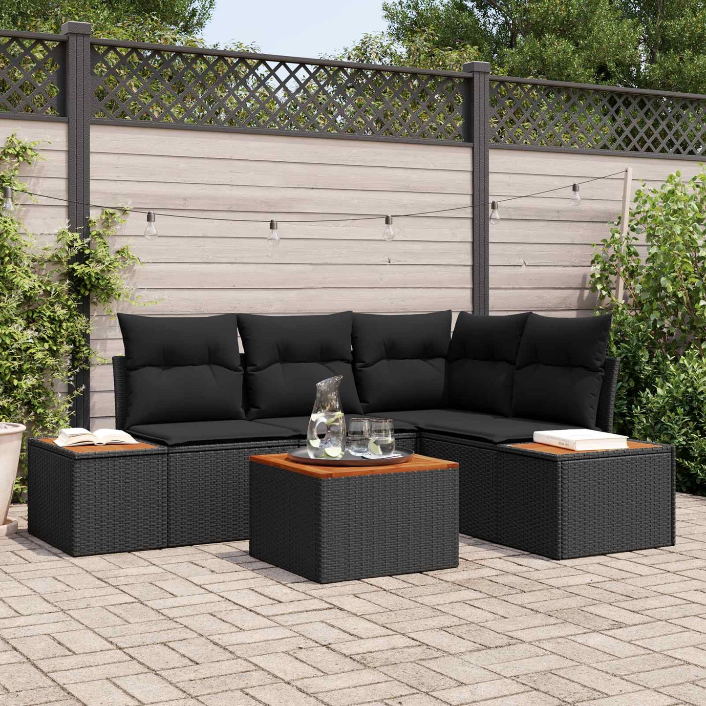 Havesofa Sæt med pude med opbevaring 4 pcs Sort Polyrattan