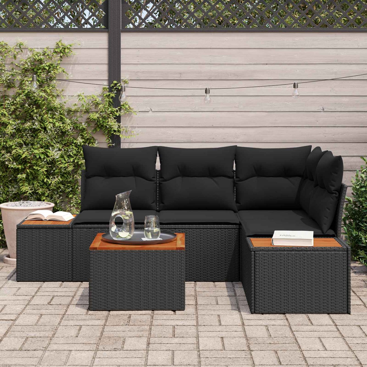 Havesofa Sæt med pude med opbevaring 4 pcs Sort Polyrattan