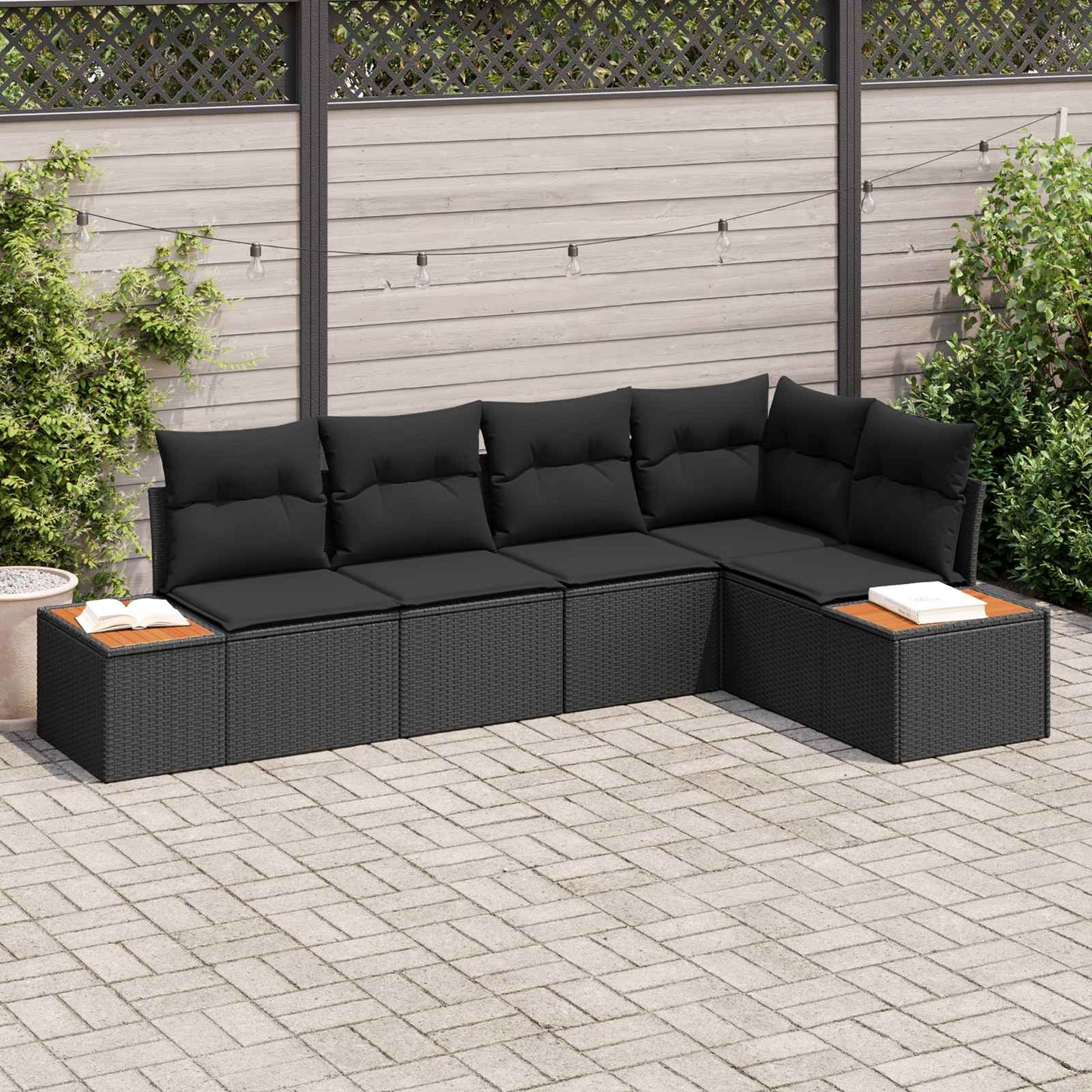 Havesofa Sæt med pude med opbevaring 5 pcs Sort Poly rattan