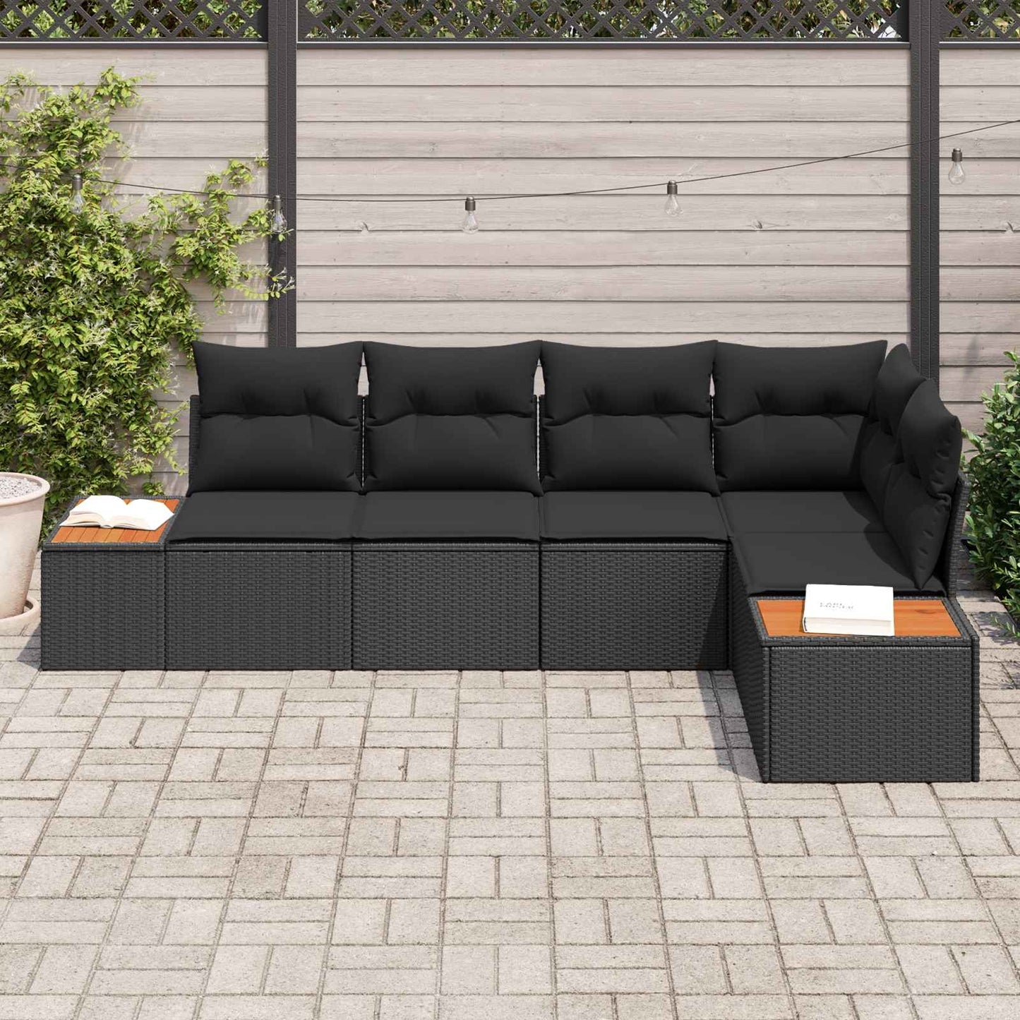 Havesofa Sæt med pude med opbevaring 5 pcs Sort Poly rattan