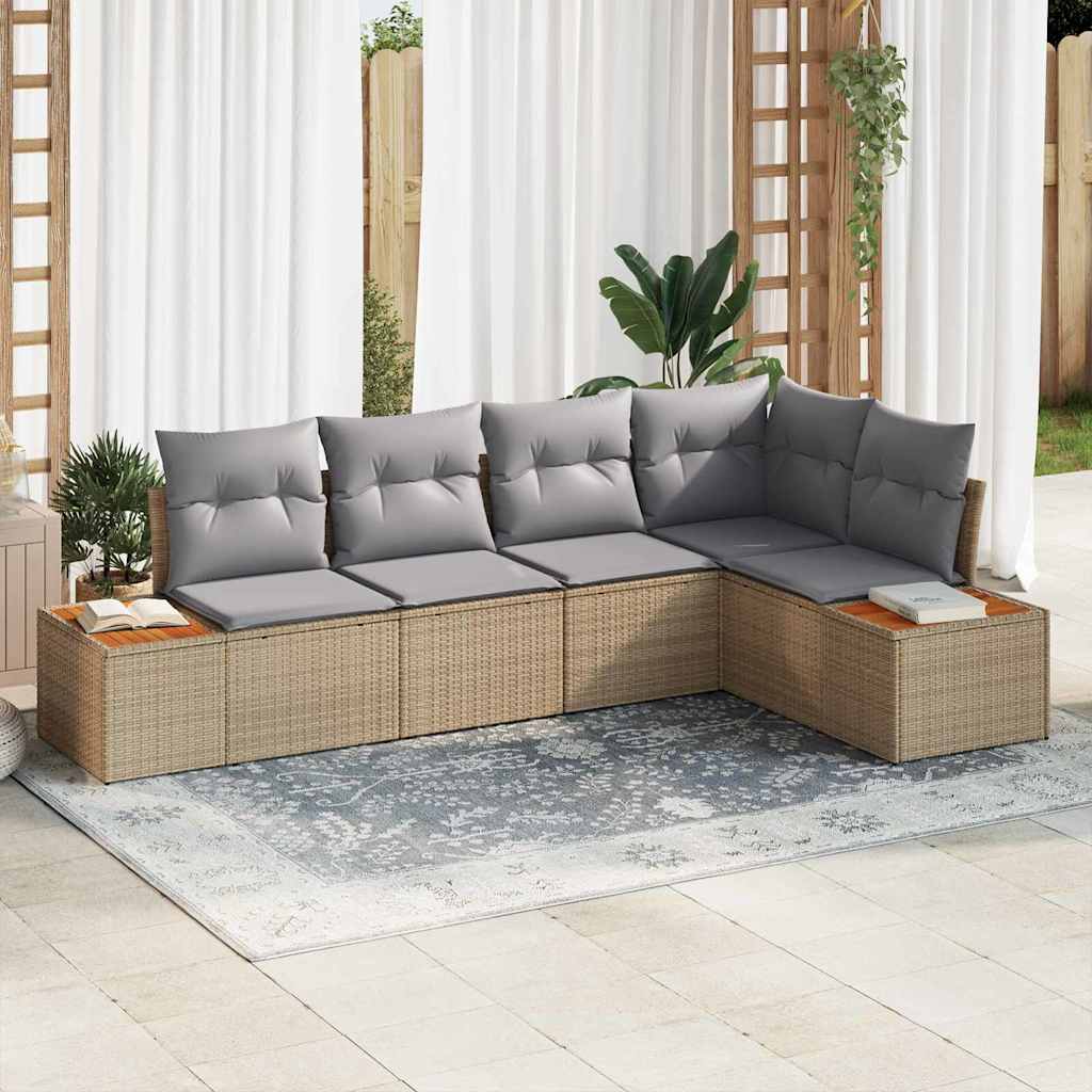 Havesofa Sæt med pude 5 pcs beige og lysegrå Poly rattan
