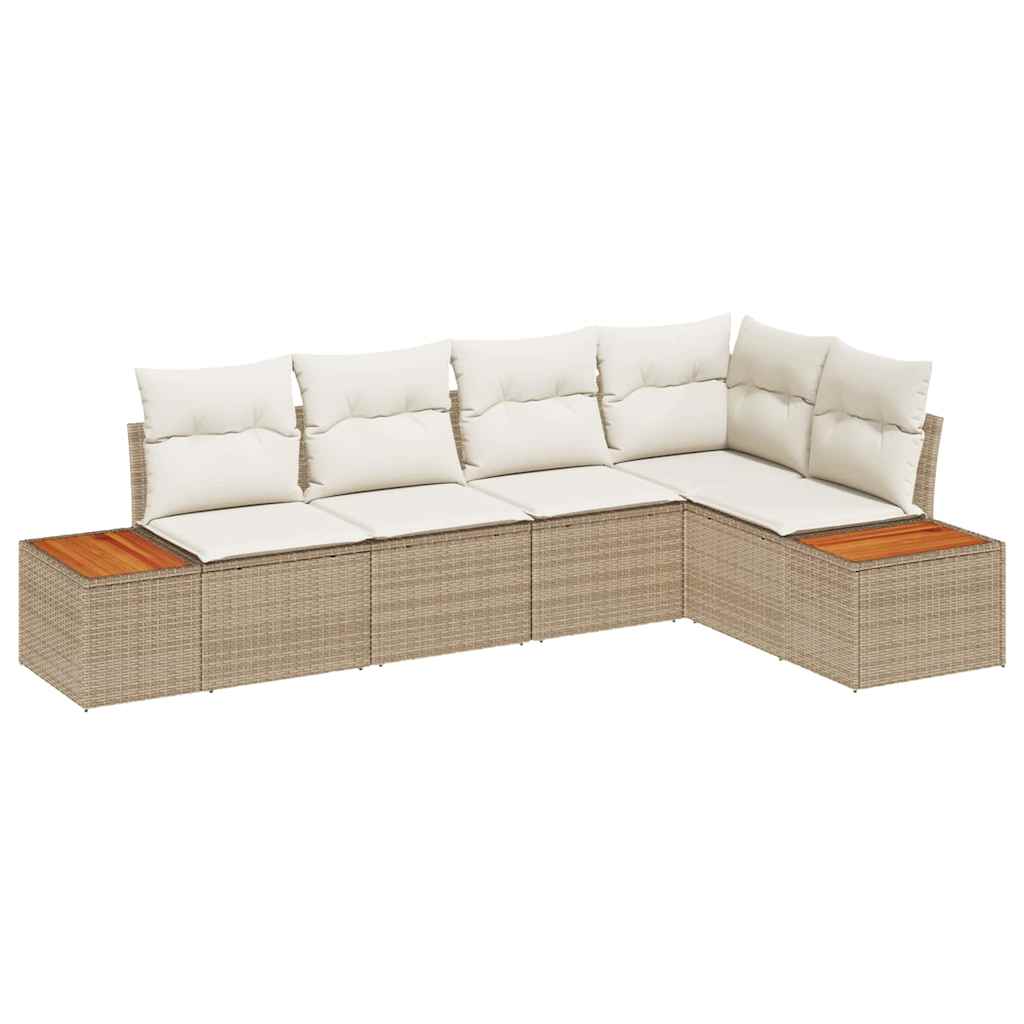 Havesofa Sæt med pude 5 pcs beige og cremefarvet Poly rattan