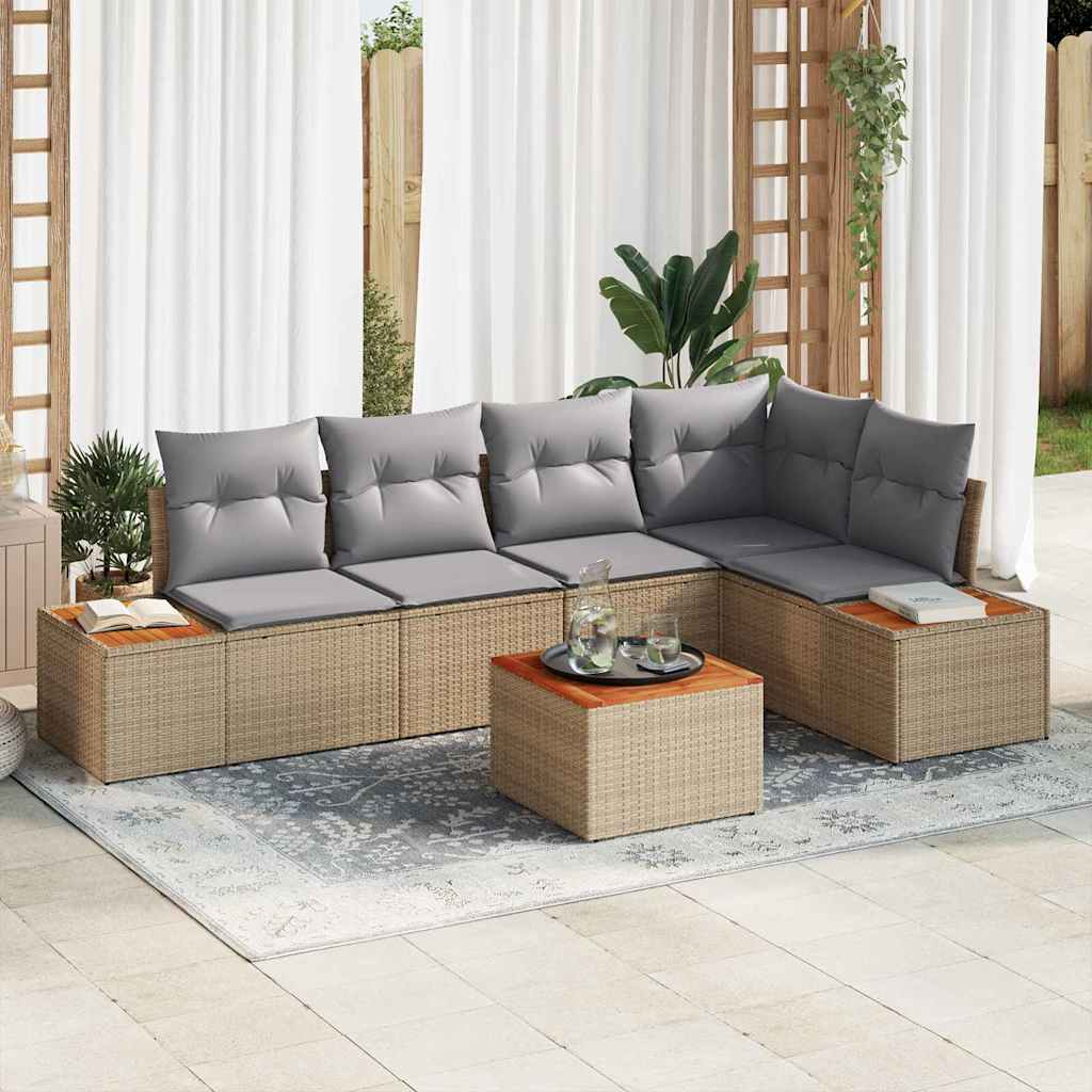 Havesofa Sæt med pude 6 pcs beige og lysegrå Poly rattan