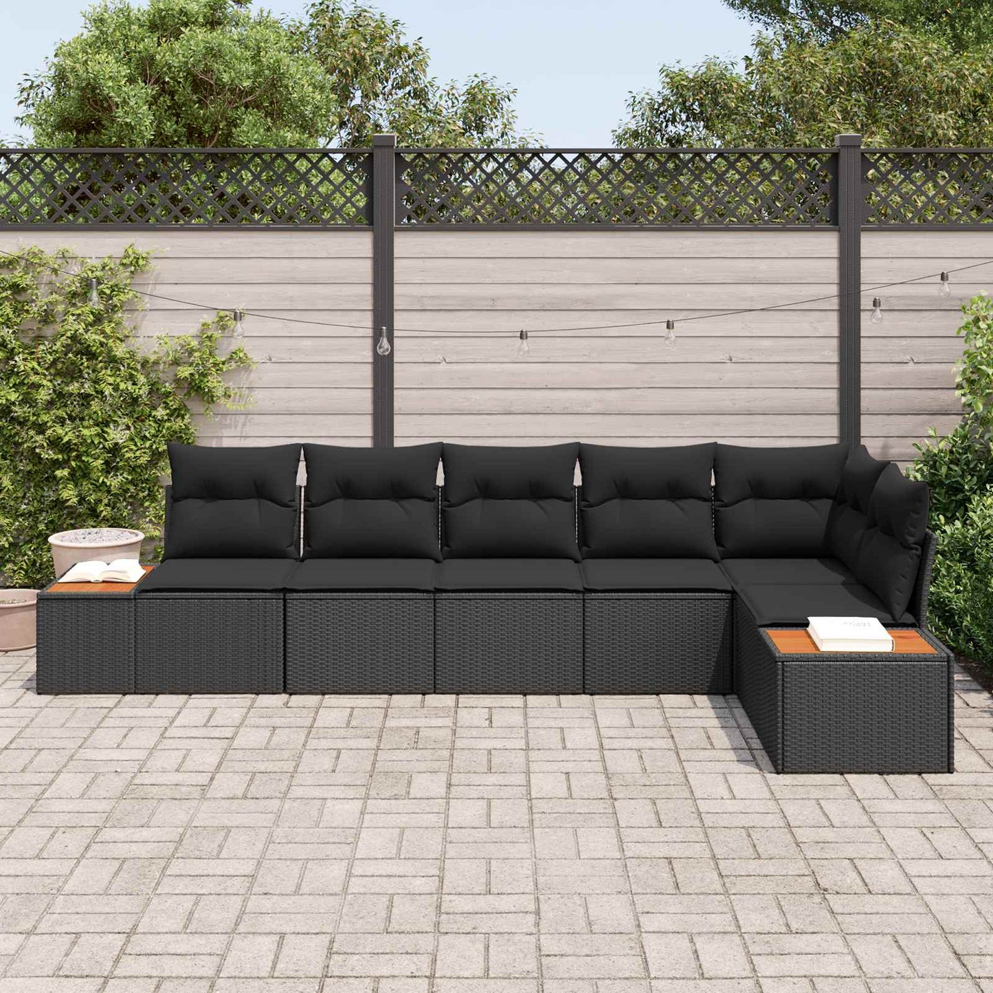 Havesofa Sæt med pude med opbevaring 6 pcs Sort Polyrattan