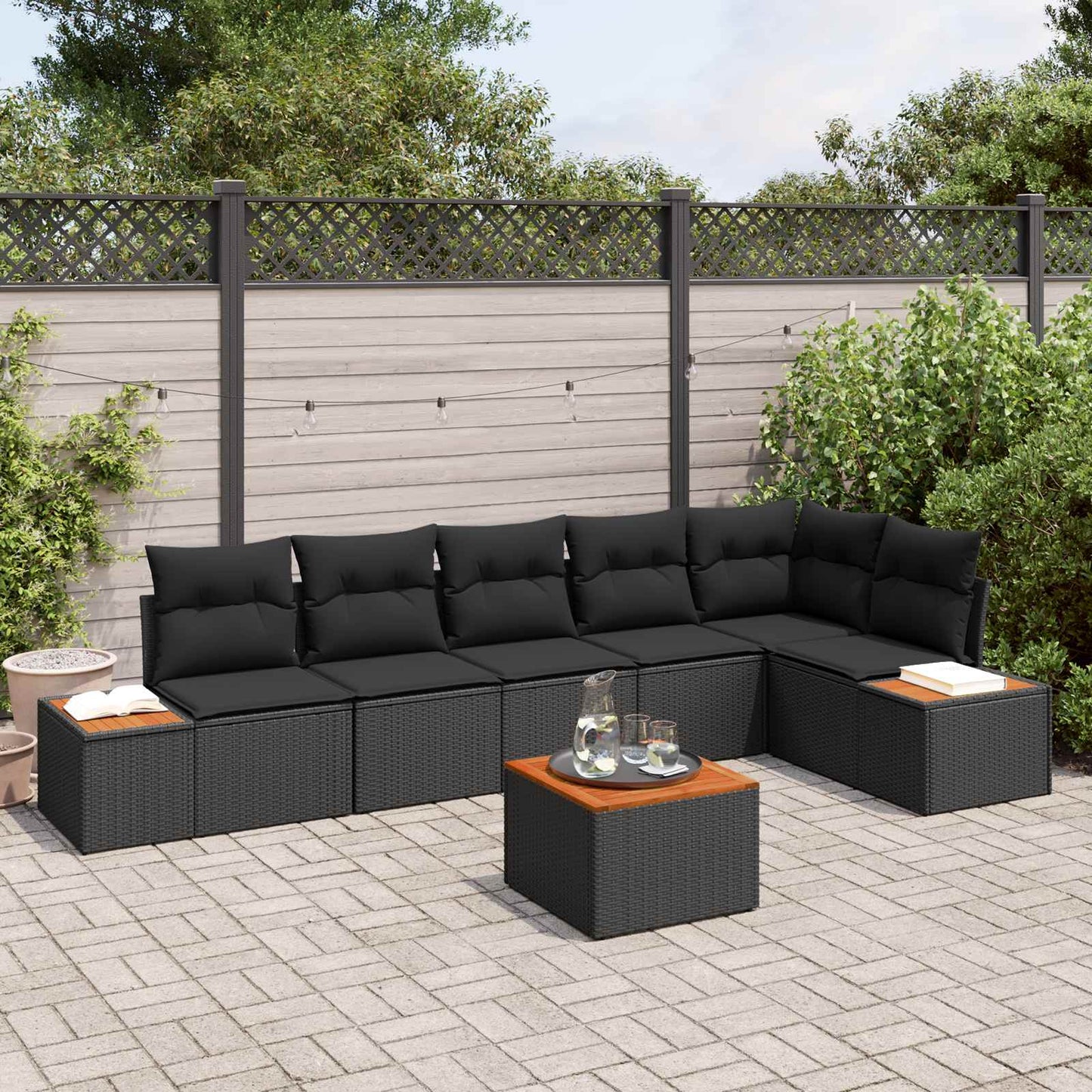 Havesofa Sæt med pude med opbevaring 6 pcs Sort Polyrattan