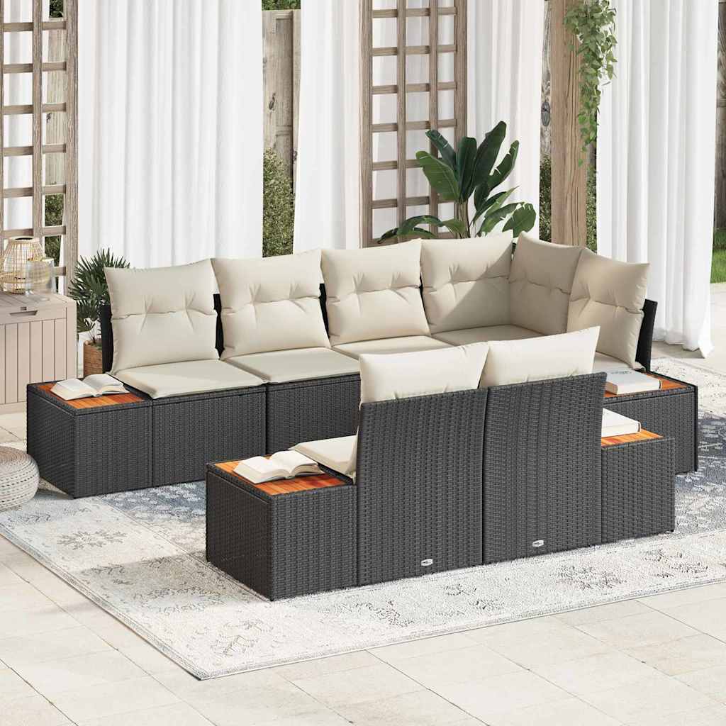 Havesofa Sæt med pude 7 pcs Sort og Cream Polyrattan
