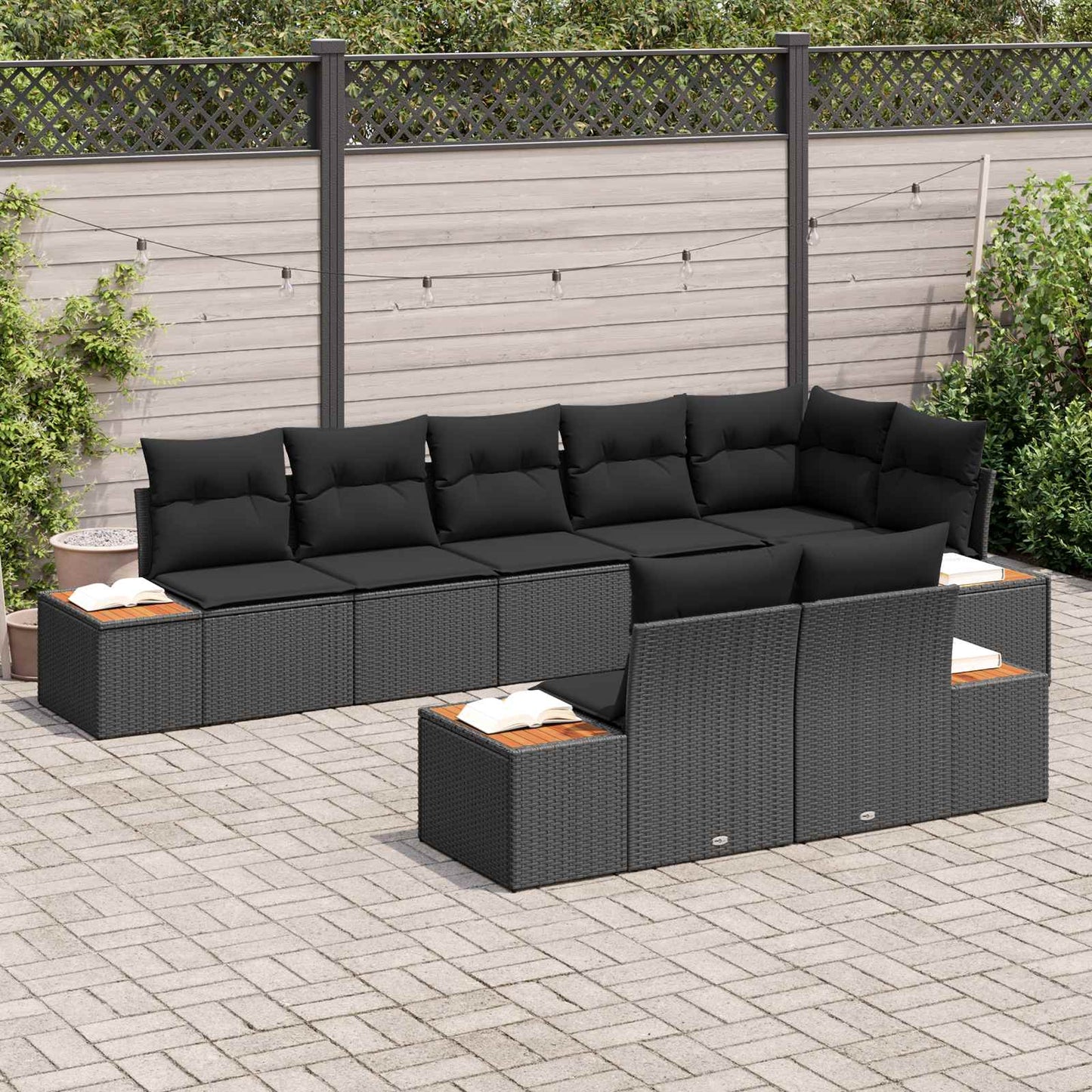 Havesofa Sæt med pude med opbevaring 8 pcs Sort Polyrattan