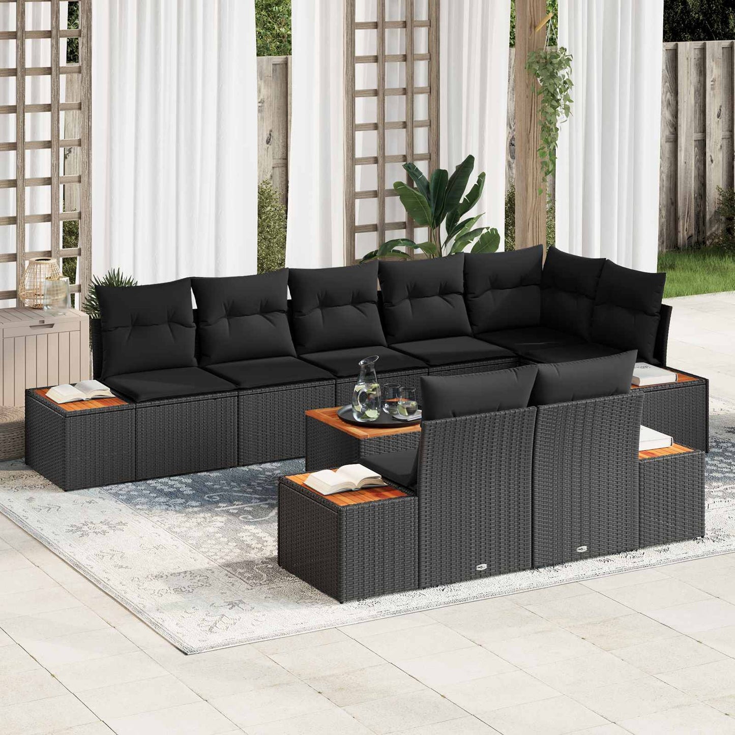 Havesofa Sæt med pude med opbevaring 8 pcs Sort Polyrattan