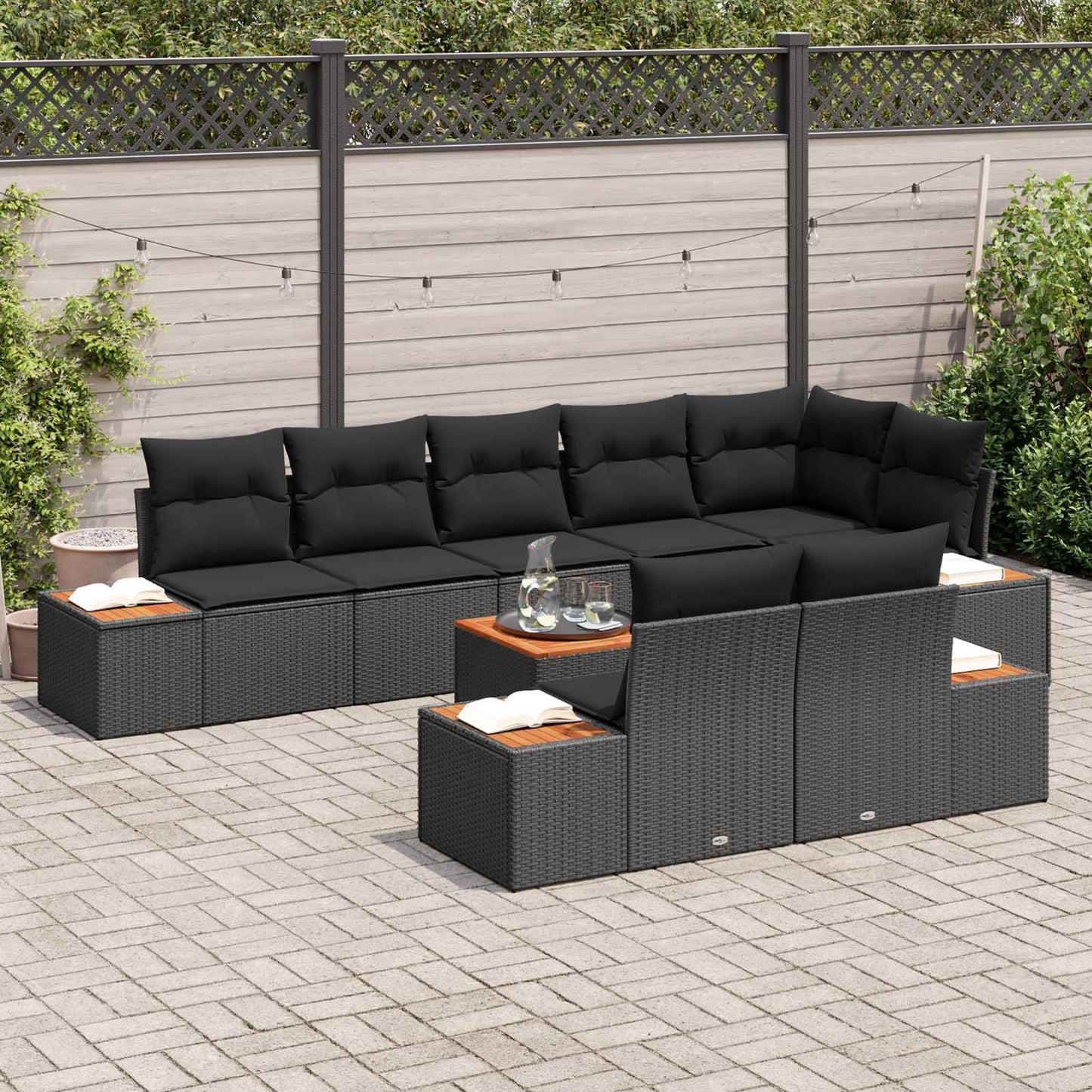 Havesofa Sæt med pude med opbevaring 8 pcs Sort Polyrattan