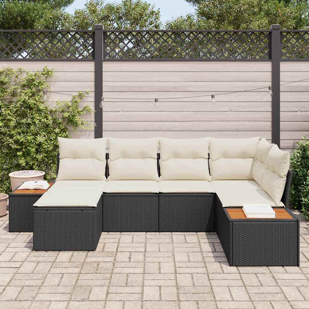 Havesofa Sæt med pude 7 pcs Sort og Cream Polyrattan