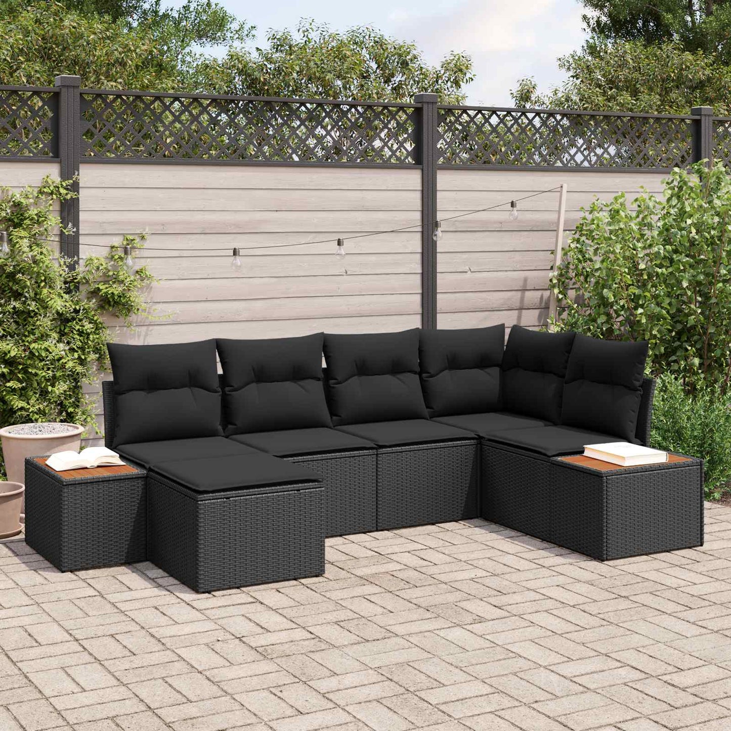 Havesofa Sæt med pude med opbevaring 7 pcs Sort Polyrattan